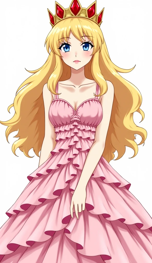 A woman，Alone，Wearing a pink bra、Wearing a pink long skirt，blonde，Pink crystal high heels shoes anime girl, Loli, Cute anime girl,!Smile!，Standing，pretty Anime Characters design, , Anime style, !!!!Full body portrait!!!!, Anime Characters,, anime full body illustration，!!Simple Line Drawing!!，White base color，!!White background!!，Simple background
