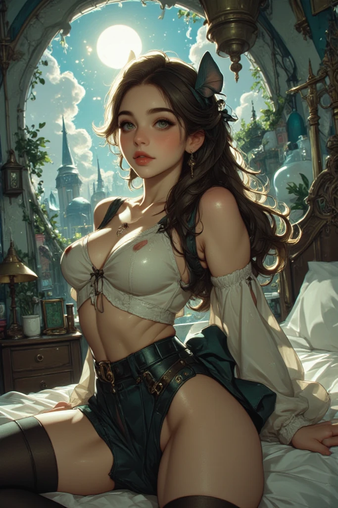 best quality,4k,8k,highres,masterpiece:1.2),ultra-detailed, extremely detailed eyes, extremely detailed body, (large masterpiece digital art), (detailed manga illustration), (detailed line art), ((perfect anatomy)), (intricate details:1.3), (ultra-detailed:1.3), (illustration:1.3), (sharp focus:1.3), (natural lighting:1.05), (vivid colors:1.3), (masterpiece), (best quality:1.4), (perfect anatomy:1.4), high quality, expressive eyes, full body, detailed face, beautiful face, perfect face, 1 girl, large breasts, very long hair, black hair, curly hair, wild hair, detailed hair, white dress shirt, black pants, pale skin, sapphire-blue eyes, demon, blue halo, sheep horns, curled horns, (horizontal pupils), sexy face, pointy ears, splash art, the demon girl, curvy, sitting in an office chair at a desk with feet on desk, black high heels, cinematic lighting, dramatic atmosphere, Atey Ghailan, Jeremy Mann, Greg Manchess, Antonio Moro, trend in ArtStation, trend in CGSociety, Intricate, High Detail, Sharp focus, dramatic and photorealistic painting art by Midjourney and Greg Rutkowski, Jeff Bridges, ((cartoon style)), Marvel Cinematic Universe style, (((darkly lit office in the background))),