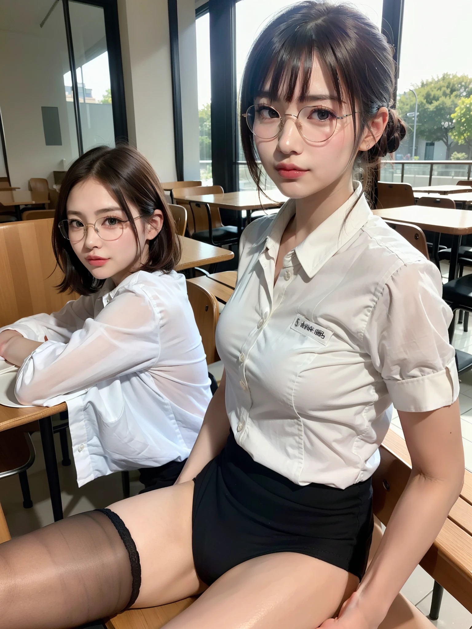 Raw photo, Candid, Textured skin, 1 girl,Full body,(Medium hair:1.2), pale skin, Japan person, Glasses, small, young, Tall, dark look, Bright black eyes, One ear out, Anger, Office lady, blue panties visible through skirt, Arms raised, Open legs, Slender body, Medium build, Small waist, Wide thighs, Photorealistic, Best quality, 8K, Masterpiece