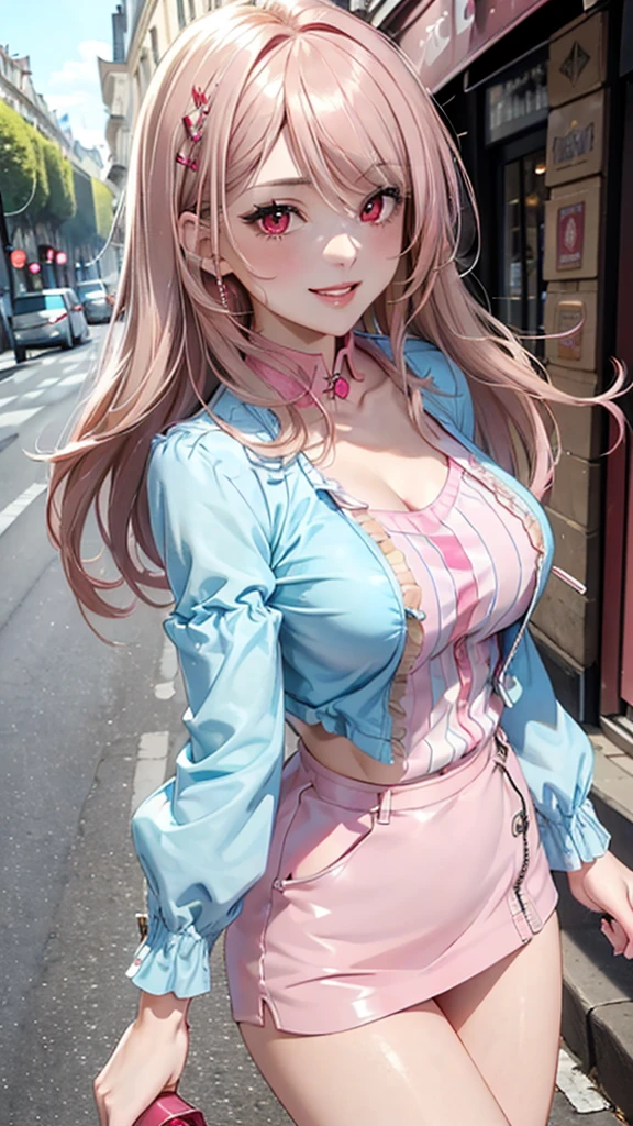 (Masterpiece, BestQuality:1.3), (ultra detailed:1.2), (hyperrealistic:1.3), (RAW photo:1.2), High detail RAW color photo, professional photograph, (Photorealistic:1.4), (realistic:1.4), (Pink Hair:1.5), professional lighting, perfect anatomy, (Big Breasts:1.2), (blush, detailed face), (cheerful Smile:1.5), Trending Hair&Trending Hairカラーをランダムに, earrings, necklace, bracelet, sexly, erotic sexly, Random sexy gravure poses, (Sexy beauty wearing a red bustier and shorts、Holding shopping bags in the city at night、Straight long hair、Happy smile、One hand on hip。: 1.3)