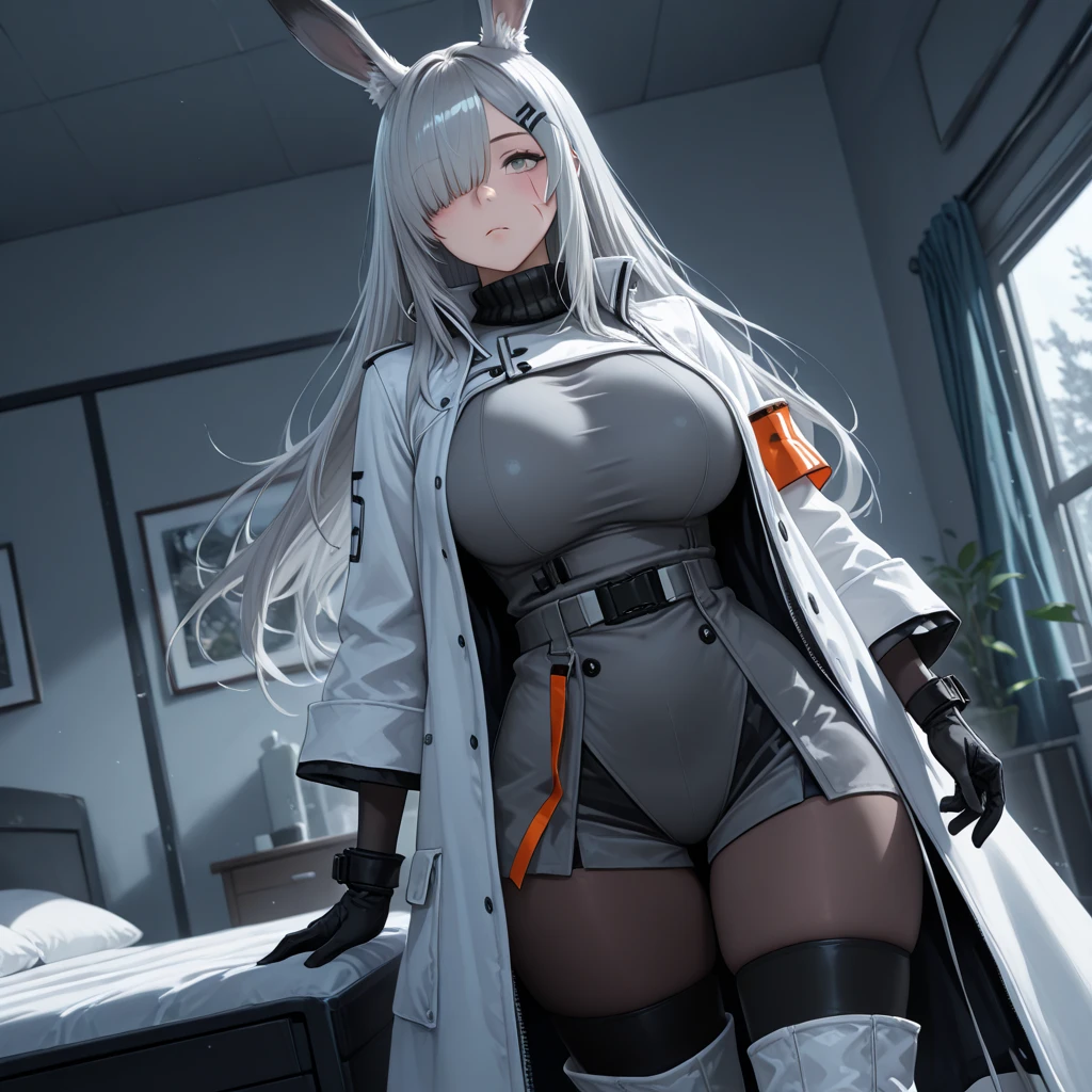 Milk flows from the breast，Wear restraints，gigantic cleavage breasts，suntanned skin，Fluffy tail，long whitr hair，brunette color hair，tmasterpiece，（best qualityer），gigantic cleavage breasts，sweat leggs