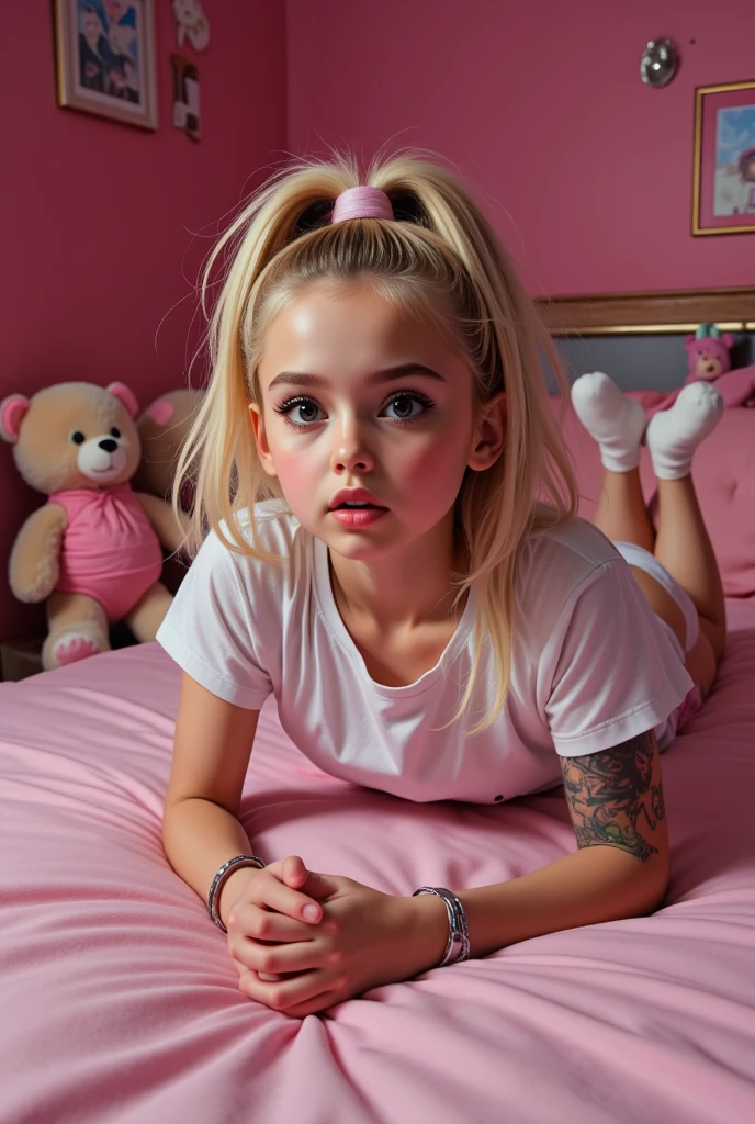 A captivating cinematic photograph depicting an unconventional scene. A 20-year-old slender female, light brunette hair tied in pigtails, dressed in a pink and white diaper with unicorn design on it, a tight light pink doll tee, thick pink mittens over her hands and with a pacifier in her mouth. photo, cinematic