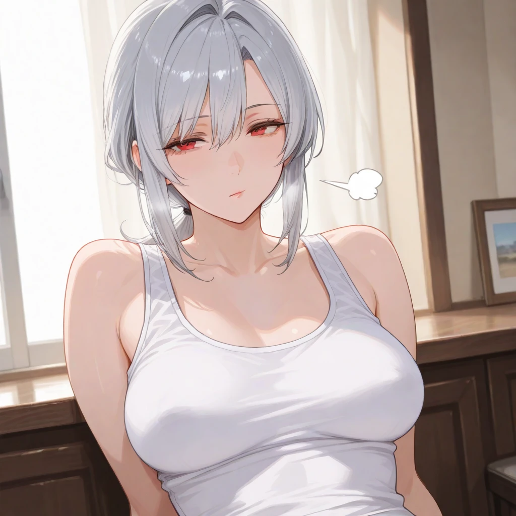 nsfw,1 girl,Solo,White hair,tan,red eyes,TOMboy,big breast,masterpiece, best quality, very aesthetic,masterpiece, best quality, very aesthetic, absurdres,tank top,Covered nipples