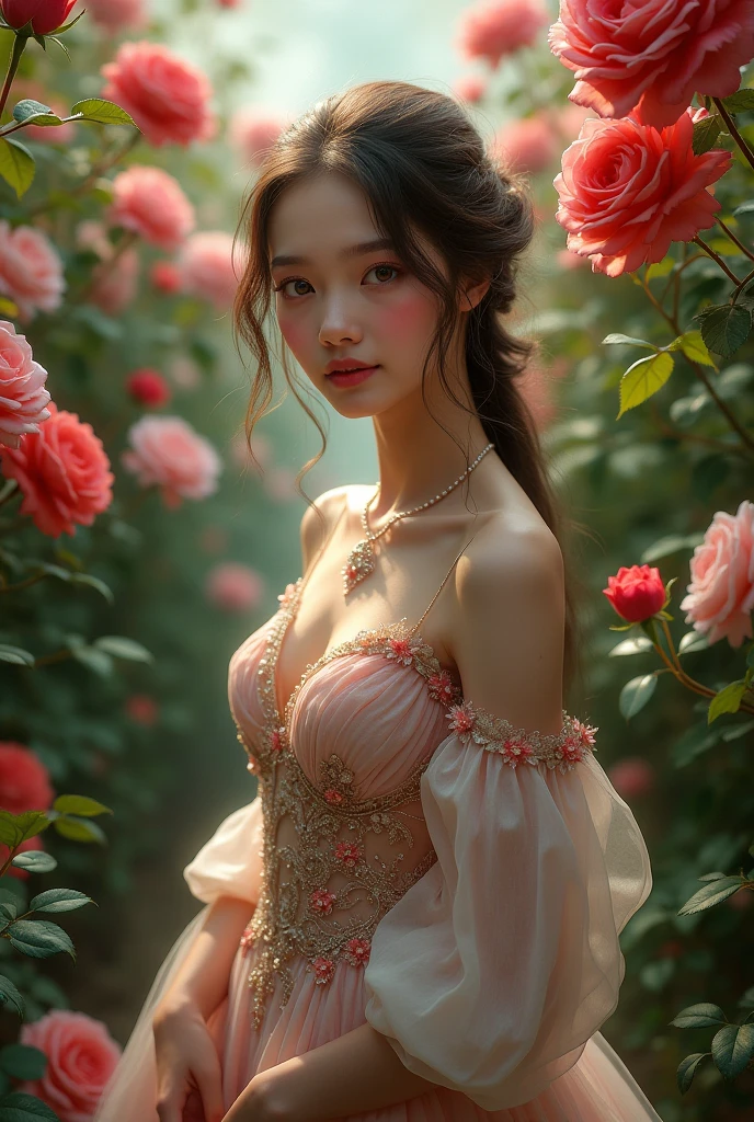 amazingly realistic, High resolution 8K photo of a beautiful 20 year old woman, ((messy side wave long hair)), And a glamorous person, (elegant dress:1.2), dramatic lighting, masterpiece, Immersive atmosphere, chiaroscuro:(1.5, bright lights:1.2, shining light), (blur background:1.5), treasury, best quality, realistic, very detailed, HDR, Physically Based Rendering, studio lighting, vivid colors, bokeh, (real skin texture:1.3), high contrast, (fujicolor:1.5), film grain, girl in the rose garden,  white lace dress, (Red flower mess in the background..:1.3), Fascinating detailed red eyes and face, dynamic lighting, in the dark, deep shadows, low key, cowboy shot, 