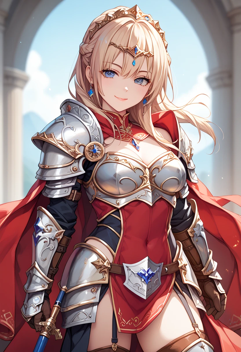 A girl is posing for a photo, cute女の子, Enchanting girl, Anime Girls, 

(Blonde、Wavy Hair、Shaggy Hair、Long Perm), (Red eyes, Slanted Eyes), ((Dark Skin)), break 
(((Silver Full Armor、Red decorated breastplate、Gauntlet、Shin Guards、Long skirt、Red Cape))、(sword、shield))、

(((highest quality)), ((masterpiece)), (Very detailed), (High resolution), (Beautiful detailed sparkle), (High detail), (Anatomically correct)), ((Realistic)), ((The best CG)), Ultra-detailed art, CG illustration, 16k, 1080P, Oil paints:1.2,   

(((One Girl))), 
(Symmetrical facial features, Perfect Face), Beautiful clavicle, (Beautiful fingers), (Beautiful breasts, (Ｃcup)), 
Beautiful body, Beautiful thighs, Beautiful feet, Perfect round butt, (((Detailed skin, Oily skin, Textured skin, Beautiful Skin))), 

(((, cute, 16 s old)yelids, Long eyelashes, 
(Expression of fine eyes, Beautiful and delicate eyes, Sparkling eyes, Eye Reflexes), 
(Beautiful Nose,Thin Nose), 
(Glossy Lips, Beautiful Lips, thick lips), 

(Beautiful Hair, Shiny Hair, Shiny Hair), Hair fluttering), 

(真swordな表情),  
BREAK 

(noon、(Fantasy World、castle town)), ((Walking、Cowboy Shot))
