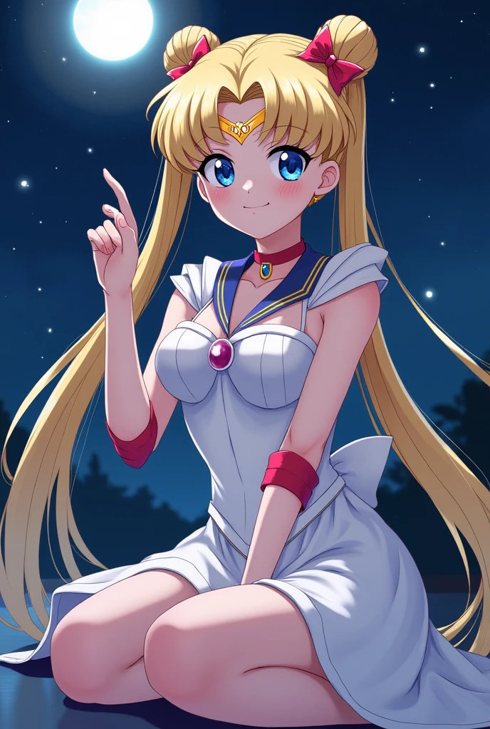 sailormoon、Uniform with sailor collar、Blue or white、front red ribbon front(Crescent)
a blond、Long twintails、She wears a small tiara in the corner of her blue eyes, Fastens with ribbon at the back.、Designed with a crescent moon symbol、glove boots: Sailor Moon wears tall boots、This design also matches the uniform..。