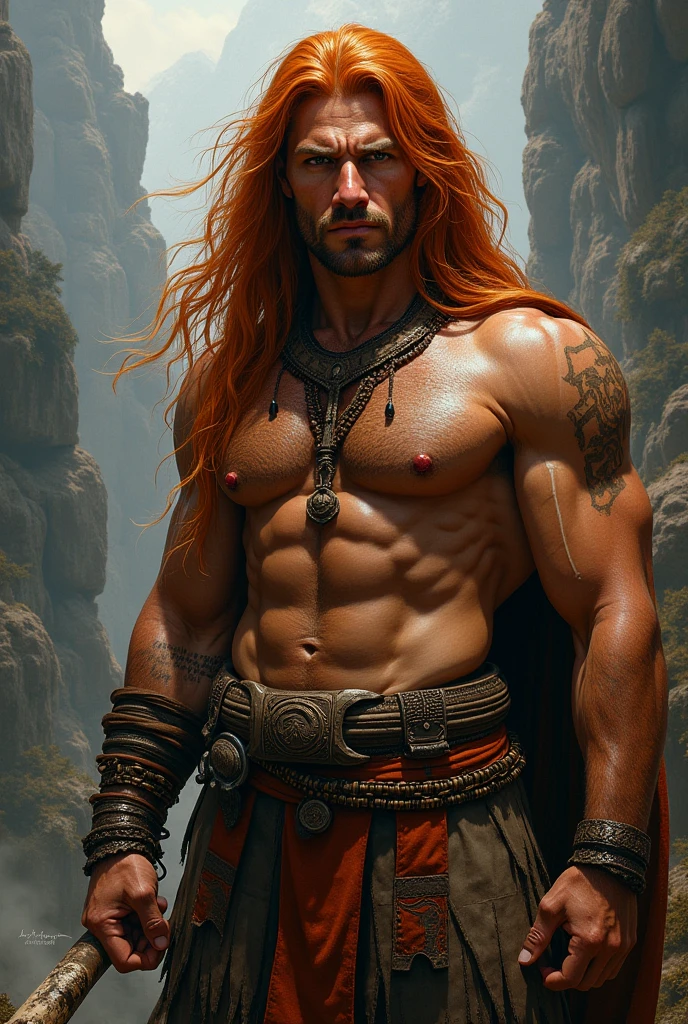 Middle Ages, Polish-Lithuanian Commonwealth, 17th century, light, castle. A magnificent man, with long scarlet hair, a face similar to Tom Cruise, gloomy, beautiful appearance, athletic build, naked to the waist in trousers, all muscles on display. hd