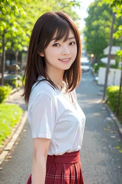 in 8K,Best Quality:1.4, 超A high resolution:1.5, (Photorealistic:1.4),​masterpiece:1.2,(top-quality:1.4)、 Raw photo、(the background is blurred), Park on the hill:1.4、lawn、FULL BODYSHOT:1.6、 1日本人の女の子, Cute, (Solo), (Shy smile), Smooth skin、(30-years old:1.2)、ＴThe shirt、to stand、Check miniskirt、Cute mini skirt、 (Brown medium hair,Bangs), (touch hair:1.4)、nogizaka、cute little、Supple fingertips,Beautiful black eyes、natural skin textures:1.3, realistic eyes and face details:1.7、middlebreasts、gazing at viewer、gravure、Magazine covers、beauty legs