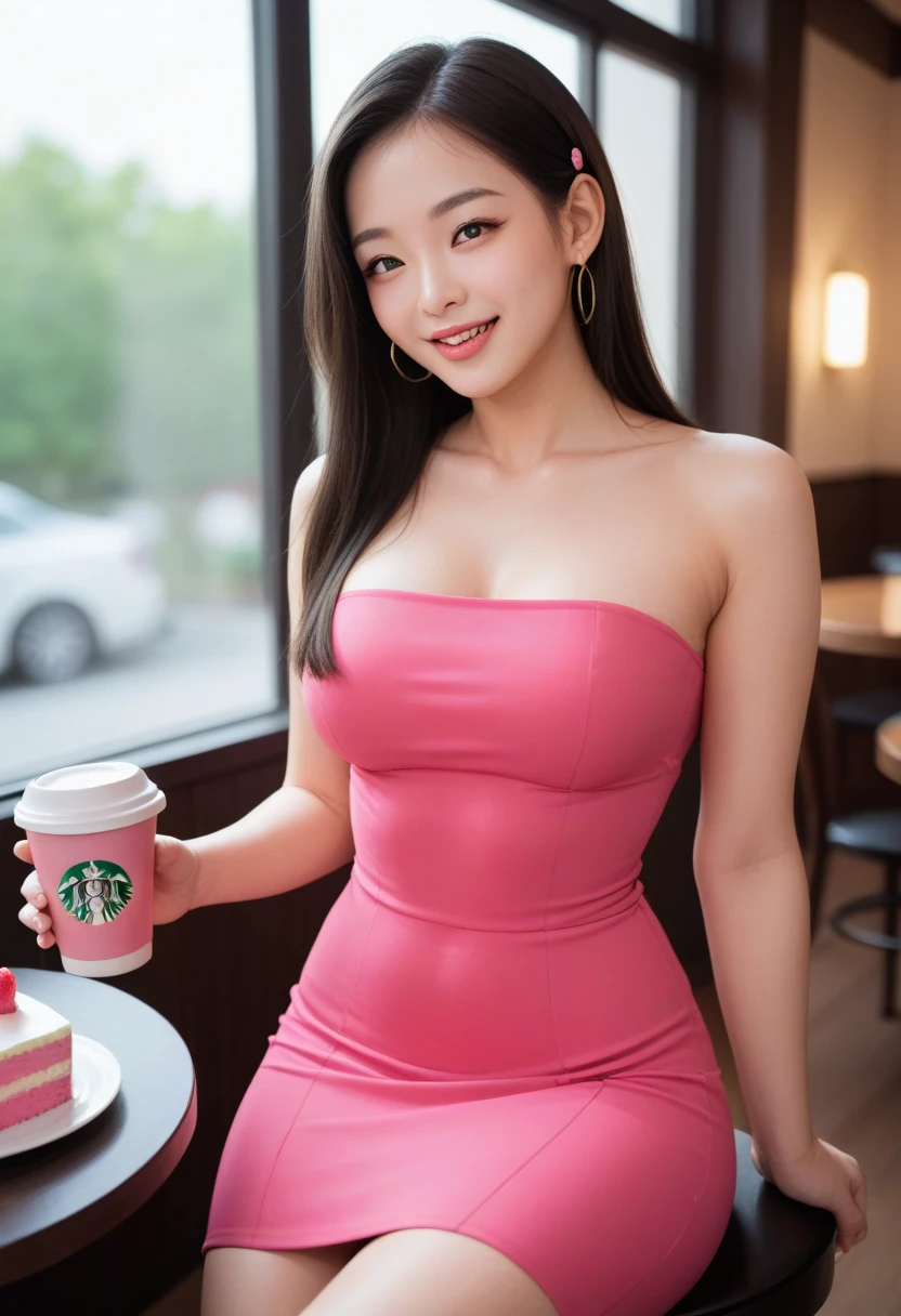 1 Girl,Coffee Shop,Soft Light,Chinese Beauty,Tight Fit,Dress,Dark-haired,Length of hair