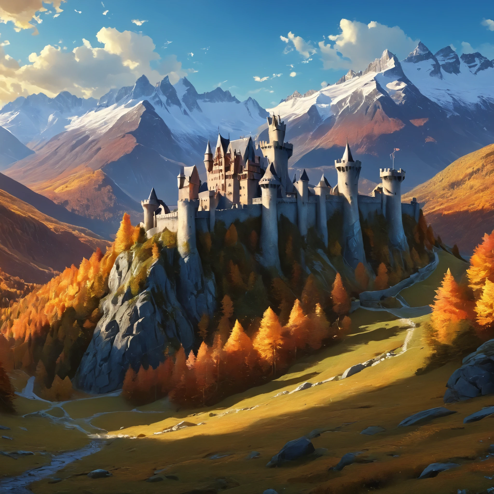 closed-up of lone castle, massive landscape, fantasy, digital painting style, realistic shadows, iray, massive autumn forests, detailed mountains, (cold autumn evening:1), twilight, 8k, 16k, highly Detailed, clear sky, fogless, masterpiece, Panorama, wide shot, outdoor, highres, absurdres, png, lossless, details, highly detailed, refined, complex, clear, clarity, lively, empty sky,