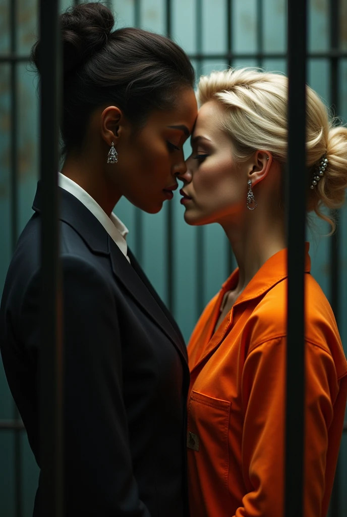 (photorealism:1.2), a tall 50 year old white female prison guard in police uniform touching the bare breast of a small 20 year old topless female black prisoner in orange prison jumpsuit, kissing, many female prisoners watching in background, prison setting, high detail, UHD, 4K