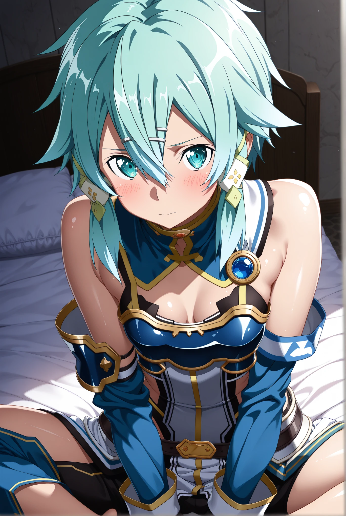 (masterpiece)), Highest quality, Very detailed,(One Girl), synonsolus, Blue Eyes, Blue Short Hair, bare shoulders, armor, detached sleeves, gloves, white gloves, dress, blue dress, midnight blue Thigh-high boots, Beautiful background, (((Clothing))), Small breasts, Bent body,Lie in, Look to the side, Worried face, The female genitals are in full view, Drunk look, Hot body、Sweaty、Spread your legs、Browsing Caution, NSFW, (((Trembling Body))), (((Moist eyes))), (((Squirting climax))), (((aroused))), (((in heat))),