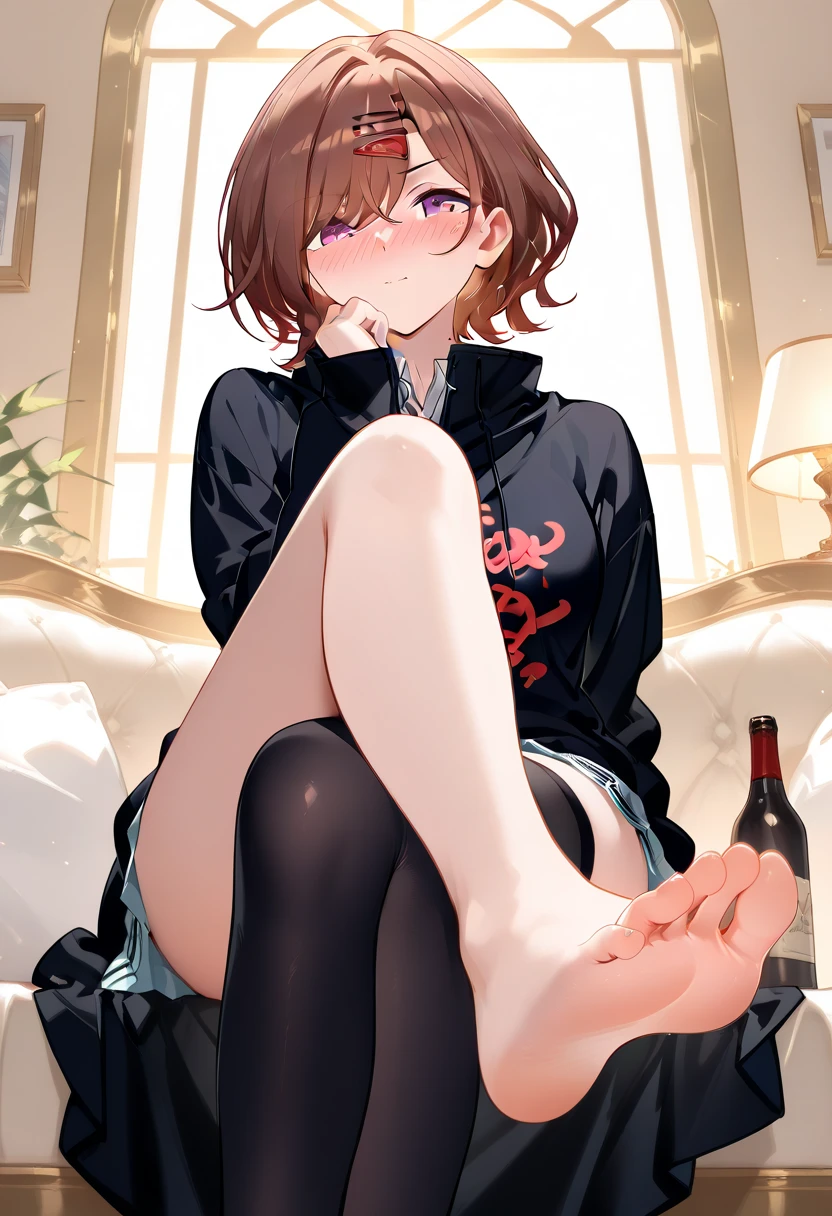 masterpiece, best quality, very aesthetic, absurdres, newest, 1girl, solo, asymmetrical bangs, tareme, blush, drunk, young woman, twenties, long brown hair, lying on bed, severe hangover, empty bottles, empty glasses, scattered around, determined expression, bedroom, full body, indoor scene