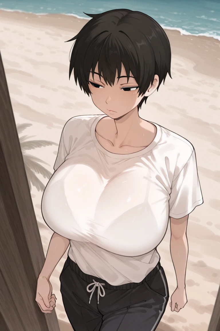 masterpiece, highest quality, High resolution, 1girl, 1boy, (the man is skinhead, the man is middle age, the man is naked, penis, the man is completely nude, the man is angry), hetero, sexual intercourse, Pornographic image, short hair, etsukoto, brown eyes, fine grain, fine grain, (((Thick thighs, Plump thighs, Voluptuous thighs, Thighs are enough))), Big and ample breasts, Cleavage, Huge long breasts, Naughty big,((Big breasts are important))、((Naughty thighs)), L Cup, (thin:1.4),(Tight waist:1.4), (yellow dress:1.4), ((white waist apron)), Embarrassed look, open mouth, looking away, white panties, (((Simple Background))), ((Wide Hips)), Shiny, Oily skin, Mature mother, Calf, Seductive mature woman, Perfect body, Plus Size Model, etsukoto, blush, clavicle, retro artstyle, 1990s (style), (((vaginal, sex, thighs job))), ((nsfw)),