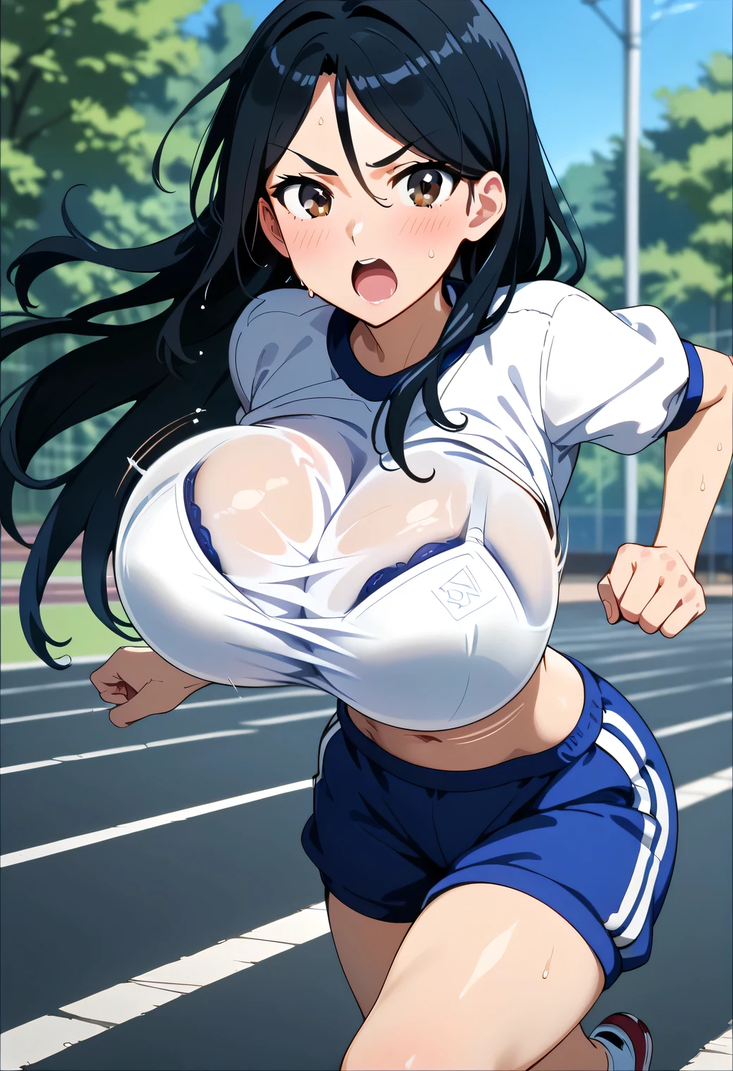 score_9, score_8_up, score_7_up, source_anime, (anime screencap:0.5), 1girl, Alone, outdoors, school,fukiyosepony, long hair, black hair, brown eyes, hair between eyes, parted bangs, large breasts,(huge breasts),(round breasts),nalow waist,slender,curvin,sexy, glamor, gym uniform, blue gym shorts, looking at viewer,frustrated,sweat,blush, feel horny ,Estrus season,open mouth, dynamic angle,bare arms,v-shaped eyebrows, color bra visible through clothes,taut clothes,(bouncing :1.2),(bouncing :1.2),random shot,Mr.々Perspective,((running)),(jogging),(Breasts bouncing up and down ),side view,from above, oblique perspective