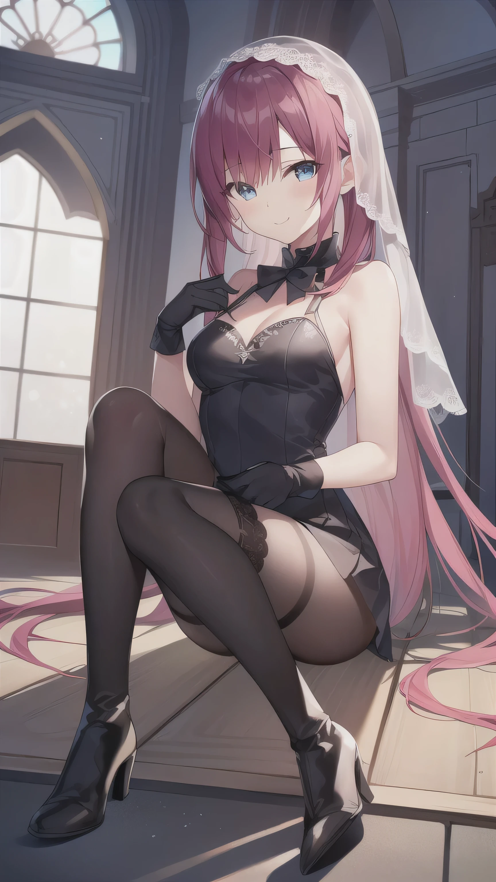 A girl，Long hair, Bangs, Pink hair, Hair between the eyes, s eyes:（1.5),  (Medium breasts:1.2), 
rest  锁骨, Wedding dress，veil，wedding，Black dress，Flowers，The skirt is broken，Black socks，Black knee socks，Black gloves，boots，Cleavage，
Looking at the audience, whole body,
indoors, church，permanent，permanent，Smile，With eyes closed，With eyes closed，
rest (masterpiece:1.2), best quality, high resolution,  8k wallpaper, (illustration:0.8), (美丽细致s eyes:1.6), Extremely detailed face, Perfect lighting, Extremely detailed CG, (Perfect hands, Perfect anatomical structure),