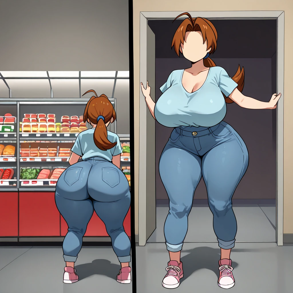 score_9, score_8_superior, score_7_superior, score_6_superior, sauce_anime, Low - Angle, From below, One girl, 1人のmaleの子, duo, big_female, small_male, size_difference, Are standing, Looking down, Look forward, obesity, break, Eating large amounts of food, Blonde, Huge breasts, massive legs, Huge Ass, Huge body