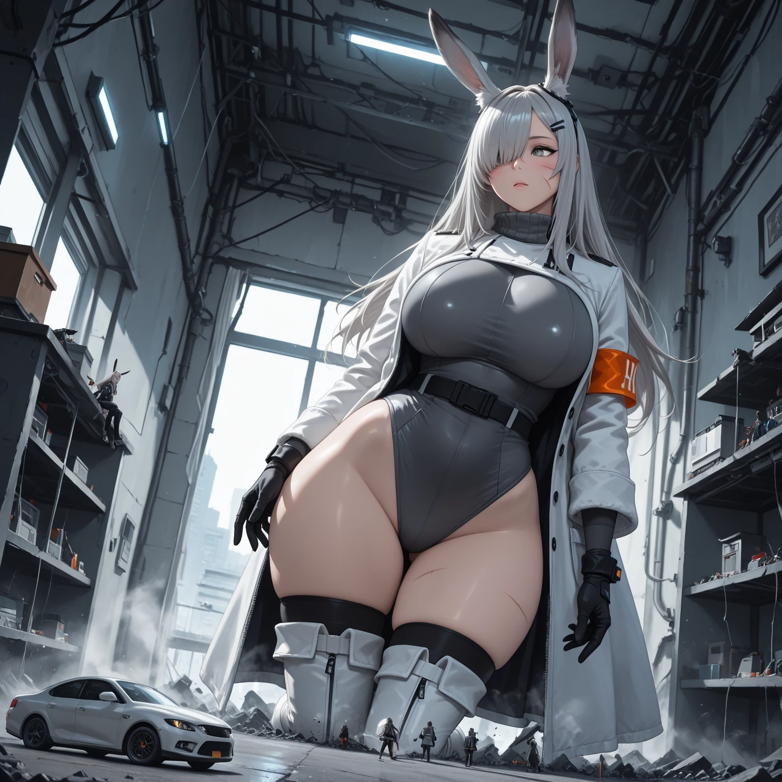 bunny girl, solo, white fantasy Healer's armor, grey eyes, long white hair, bushy ponytail, bushy bangs, full body, standing, full body shot, looking at viewer, shy smile, skindetantion, skindentation on breasts, seductive, huge hips, huge breasts, huge thighs, huge ass, white bunny ears with black tips, dark eye shadow