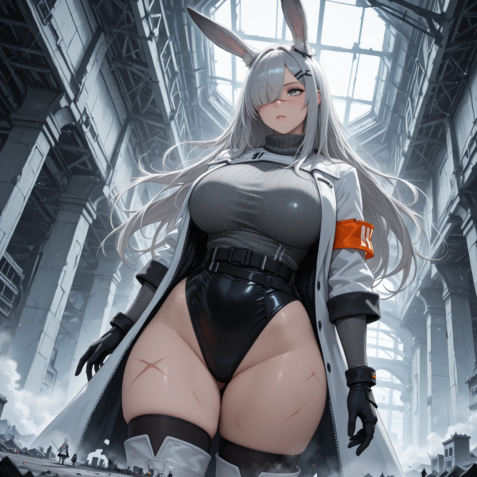 bunny girl, solo, white lab coat, grey eyes, long white hair, bushy ponytail, bushy bangs, full body, standing, full body shot, looking at viewer, shy smile, skindetantion, skindentation on breasts, seductive, huge hips, huge breasts, huge thighs, huge ass, white bunny ears with black tips, dark eye shadow, lab coat buttons straining to contain breasts