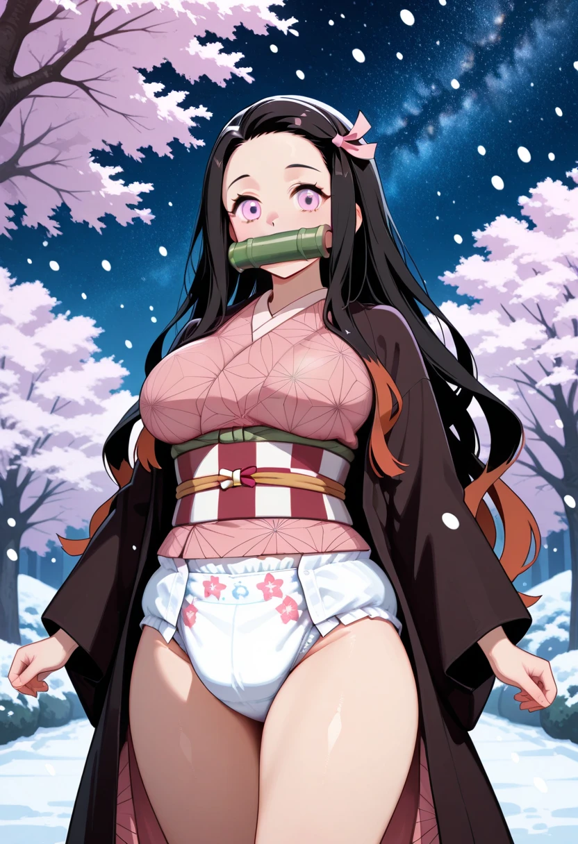 1girl (masterpiece) beautiful body, perfect body, beautiful legs, , kamado nezuko, demon slayer style, black hair, forehead, hair ribbon, kimono, long nails, fang, one horn, veins, long hair, multicolored hair, pink eyes, pink kimono, pink ribbon, very long hair, fang, BREAK 1boy, penis, bald boy, taller male, vaginal sex vaginal, vaginal_sex, cum in pussy