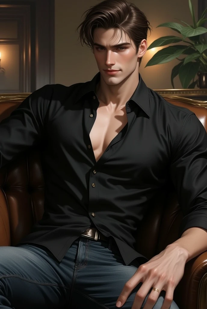 Wet Sexy man, male in a wet white shirt and tan pants sitting on a chair, big chest, handsome man, handsome guy, handsome stunning realistic, portrait of a handsome man, clothed in wet white shirt, sweat, ((best quality)), ((masterpiece)), (detailed)