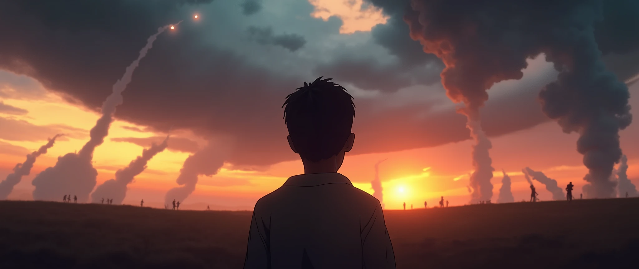 Imagine a black boy in the foreground, with an expression of hope and sadness at the same time, looking up at the dark sky, heavy with clouds. On the horizon, bombs fall, exploding and illuminating the sky with intense and dramatic lights. The scene conveys a sad and tense atmosphere, highlighting the vulnerability and strength of the boy in the face of a difficult moment. The composition focuses on the boy's emotions, capturing hope and fear in a scenario of conflict and destruction., cinematic composition, vibrant colors, depth of field (best quality, 8k, high resolution, masterpiece: 1.2), ultra detailed (realistic, photorealistic, photorealistic: 1.37), cinematic lighting, dramatic shadows, romantic scene.