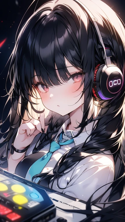 (Highest quality, masterpiece), One girl, Look down, Wind, particle, Simple Background, Dark mood, Upper Body,DJ Booth,PLAY,Performance,Headphones,DJPYAY,Listen to the sound,4K,wallpaper,80's,citypop