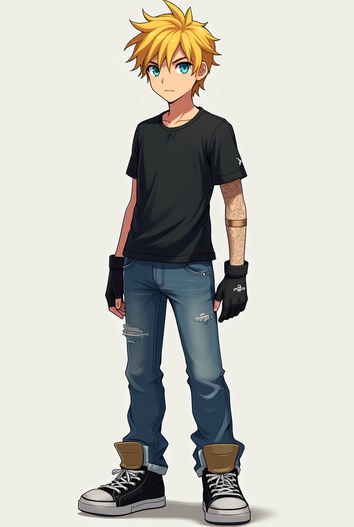 ((1boy, solo)), skinny, black t-shirt, ((skinny jeans, belt, choker)), red sneakers, black hair, short hair, hair over one eye,(( looking down, crying, shocked expression, sweating, nervous)) ,((wetting self, pee stains, puddle, peeing self)), standing,, eyebags, emo, blue eyes, full body, school background, black wristbands,