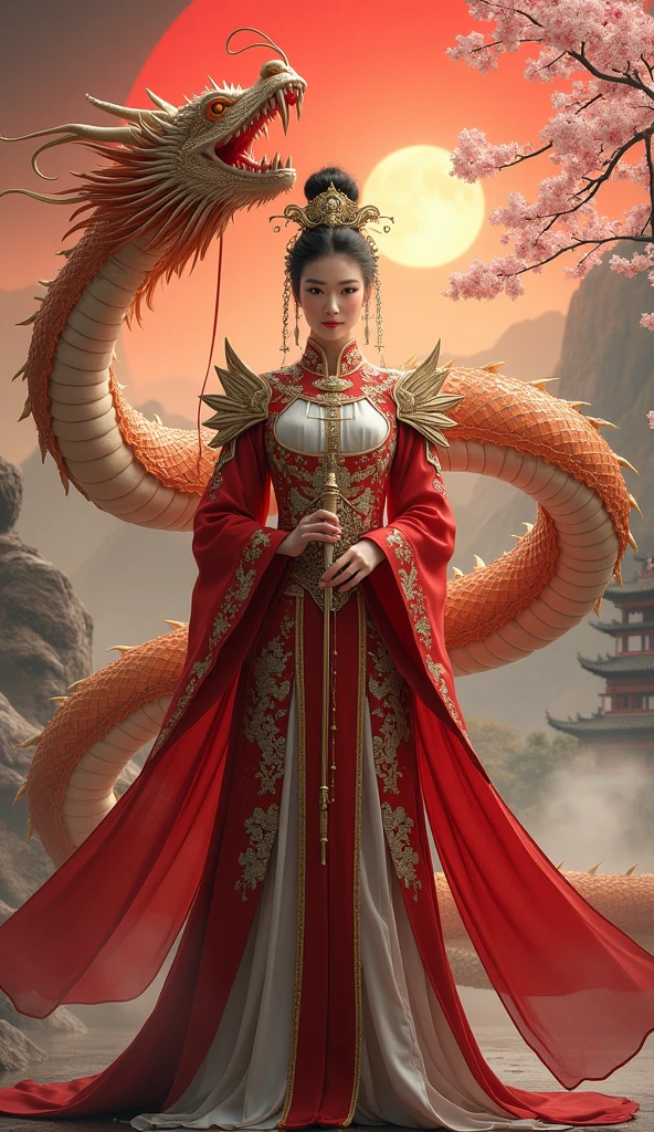 [(white background:1.5)::5],(bottle bottom:0.9),masterpiece,(full body:1.2),
Dragon and girl, 1girl, dragon, long hair, dress, weapon, gloves, solo, smile, fire, red dress, black gloves, sword, red eyes, chinese clothes, looking at viewer, holding, brown hair, bangs, breasts, jewelry, eastern dragon, earrings, high heels, full body, fingerless gloves, crown, wide sleeves, boots, parted bangs, china dress, ponytail, black footwear, side slit, very long hair, gold trim, armor,chinese_new_year,paper_lantern,lantern,fireworks,
<lora:Dragon and girl_20240205103724-000018:0.8>,