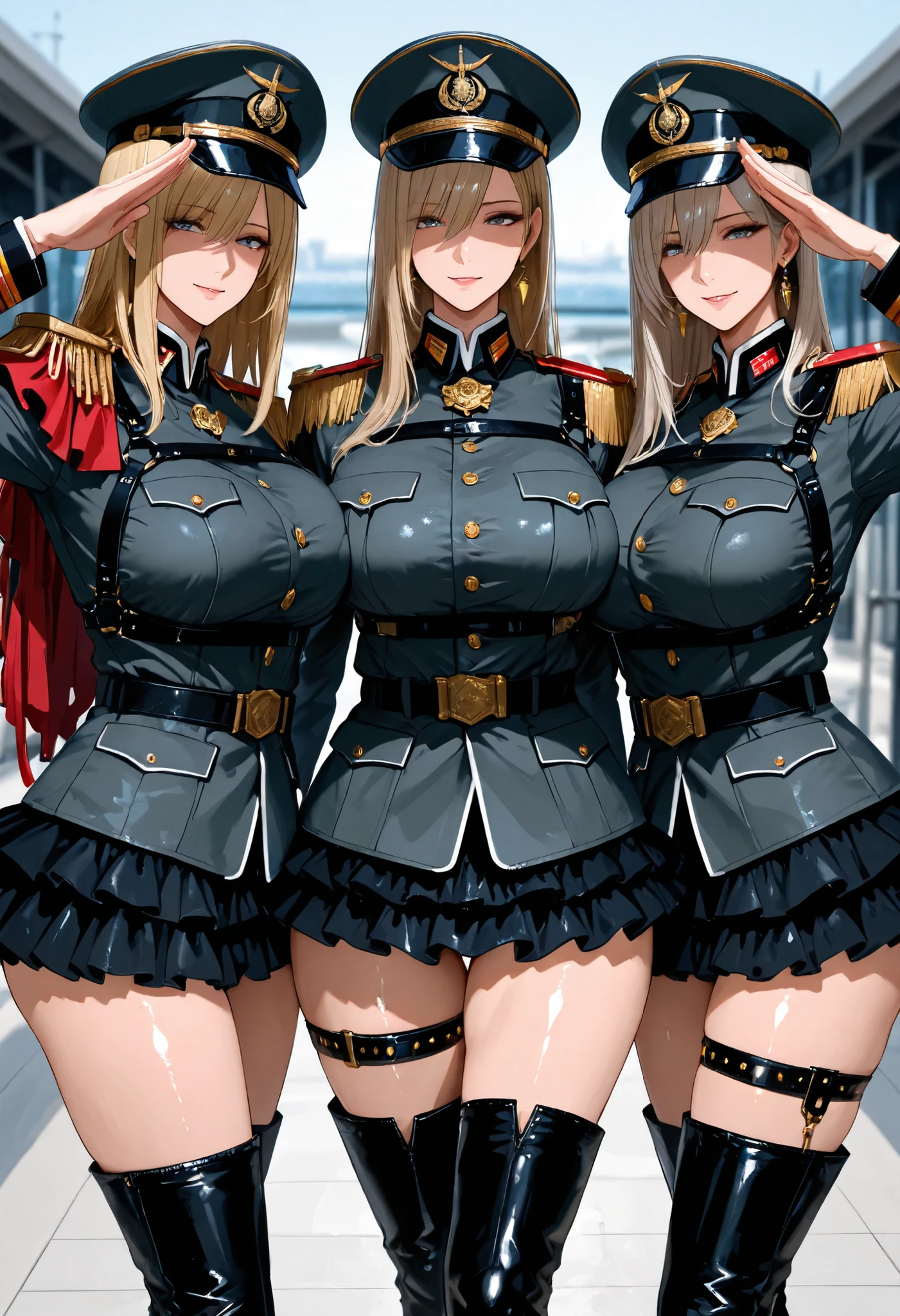 Multiple Girls, Group photo, line up, Harem, (Seven Girls), (Ultra 8K CG, picture-perfectionな顔, perfectionな顔, Beautiful Face, masterpiece, high quality, 最high quality, perfection, clean, Professional artwork, Famous works of art), Improve, supply, BREAK Hair Ornament Net, Shiny skin, (Underbust), belly button, abdomen, Hands on hips, (epaulet:1.2), miniskirt, pleated skirt, (goddess:1.2), Black clothes, Removable sleeve, Transparent clothes, skirt, latex, (epaulets:1.2), military cap, Grin, Grin, very thick lips, Very long eyelashes, (Huge breasts), (Chubby, plump), Big Belly, (Pussy juice), Galaxy Background