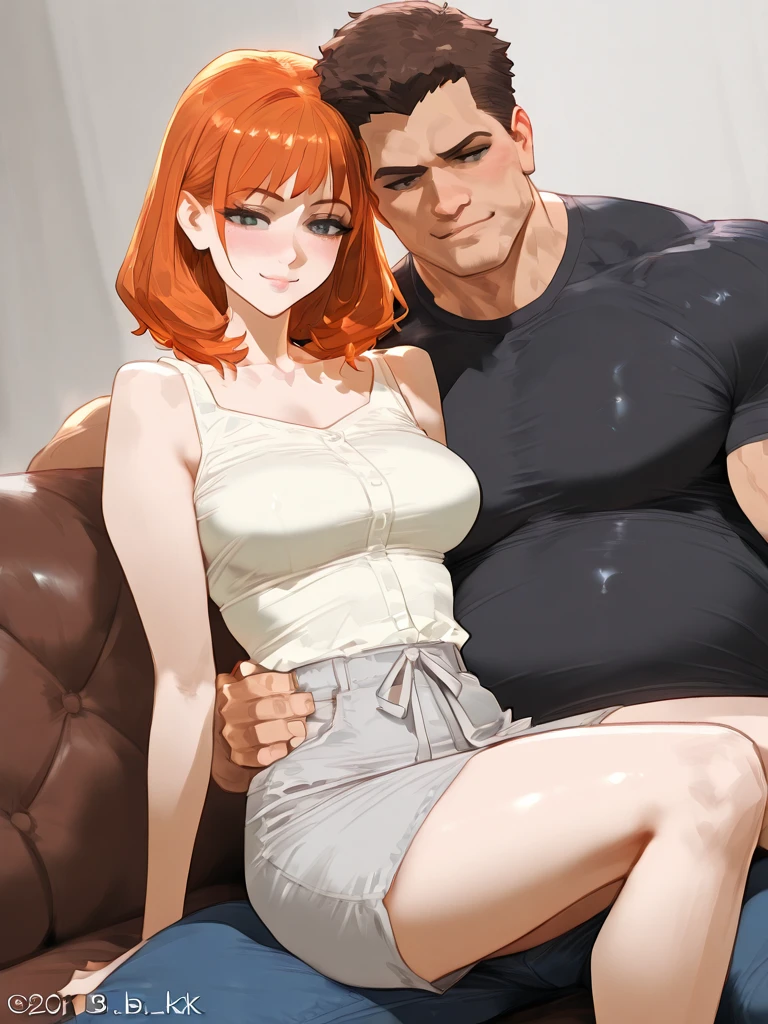blond haired man, tan skinned man, (slim woman:1.7), naked, standing, Red hair, 2 people, smiling