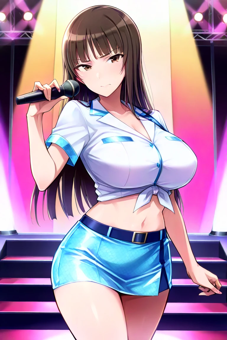 NSFW, 1adult woman、 accurate hands、accurate legs、accurate arms、bangs, ribbon ponytail, brown hair, (blush:1), (no panties:1.6), fingering herself, masturbating, (pussy juice:1.2), cum in mouth, (A woman is holding 1 microphone and is singing:1.5)、white and navy idol costume、That costume includes a navy blue idol-style corset., That costume has a ribbon on the collar.、the costume has bare shoulders and arms., That costume only opens wide at the chest.、high socks、white idol style skirt, Ribbon at collar, ((breast out:1.4)), Thigh highs、 beautiful big breasts, (erect nipples:1), the skirt is turned up、highest quality, High resolution, (detailed and beautiful eyes:1.6), highly detailed face, perfect lighting, Very detailed CG, (perfect hands, perfect anatomy),embarrassed expression、The expression that you are holding back from going to the toilet, (sexual pleasure expression:1.4), (expression of agony:1.2)、pretty eyes、sexy look、look upward、mouth half open、Climax、(live stage、a lot of spectators:1.3)、whole body