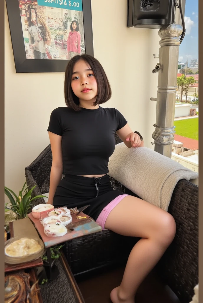 One woman of about 20 years old, black long hair, body measurement 36-25-36, height 5'7", Hazel eyes, wearing sweatshirt and skirt, miniskirt, sitting at a table with plates of food on table, beside window, posing for a picture, instagram model, restaurant scene, happy mood, smiling, calm lighting, Full Body full height Shooting, Masterpiece, RAW Photography, 8k, Top Quality, Fine Pore, Photorealistic, Ultra Detailed, (high skin detail:1.2),Extremely detailed,Intricate, sharp-focus