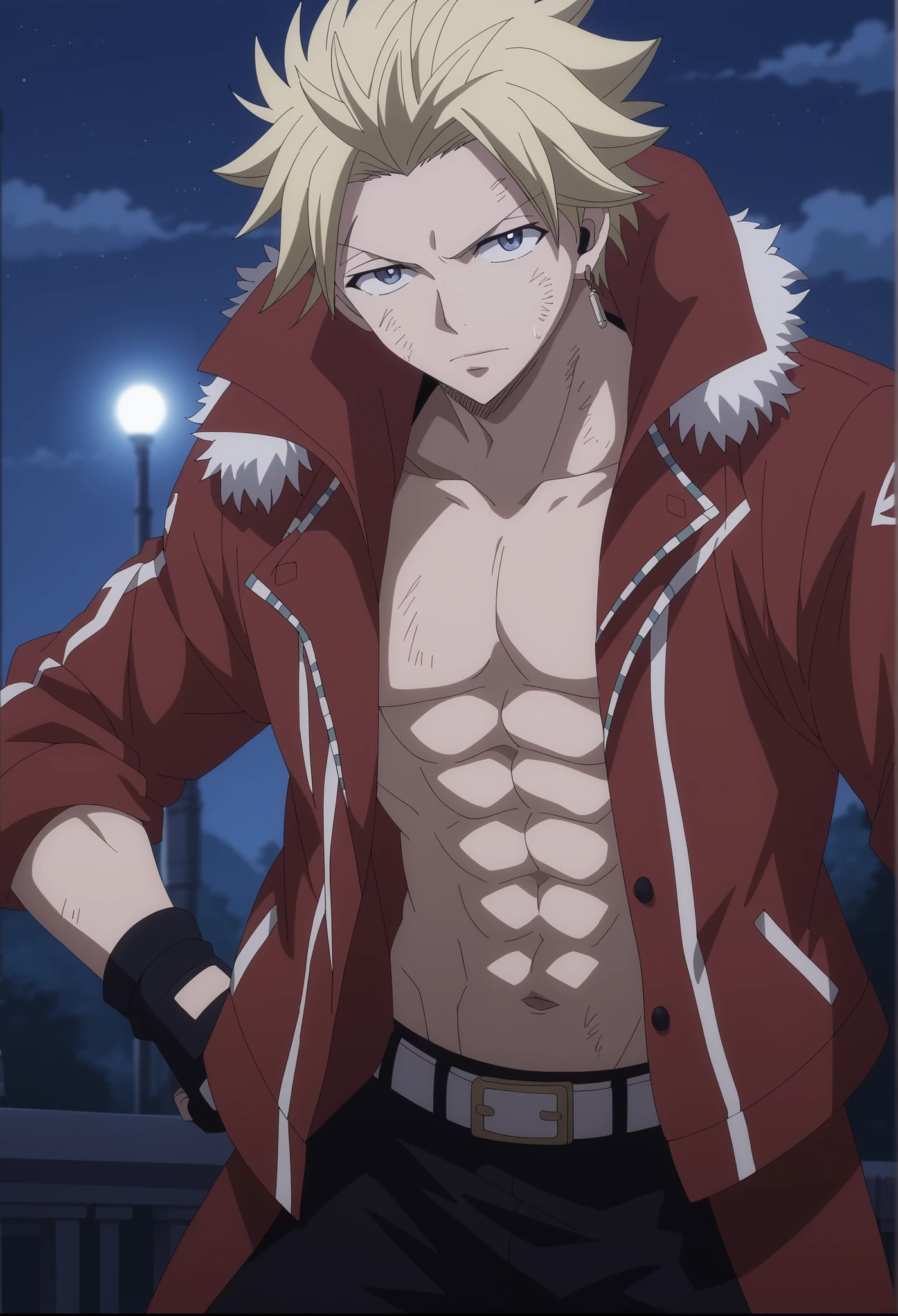 front view, Frontal portrait, Medium close-up, looking at viewer, score_9, score_8_up, score_7_up, source_anime, StingFT, Sting blonde hair, light yellow Sting, 1boy, male focus, anime screencap, (a red men's jacket, which fits his athletic figure. Underneath, he wears a black long sleeved T-shirt. His pants are dark and tight fitting, and he completes the look with white fingerless gloves that add a modern touch). He also usually wears a belt with a decorative buckle, dark night sky background with soft shadows, soft blue lighting highlighting his features, high-quality anime details, vivid colors, detailed face, intrincate details