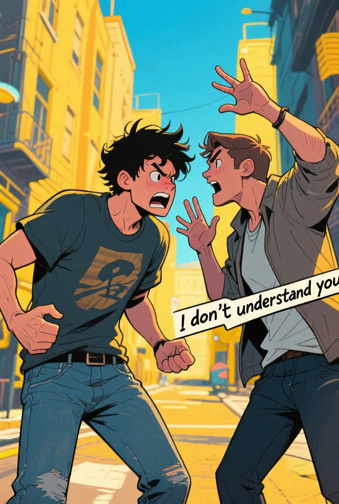 comic book art of  <lora:comic strip style v2:1>
A comic strip style of a sequence of cartoons, arranged in interrelated panels to display brief humor or form a narrative, often serialized, with text in balloons and captions. a comic strip with a man holding a gun, anime, manga, cartoon, animation, comic strip style, weapon, comic, male focus, multiple boys, 2boys, english text, blood, battle, punching, comic art, graphic novel illustration