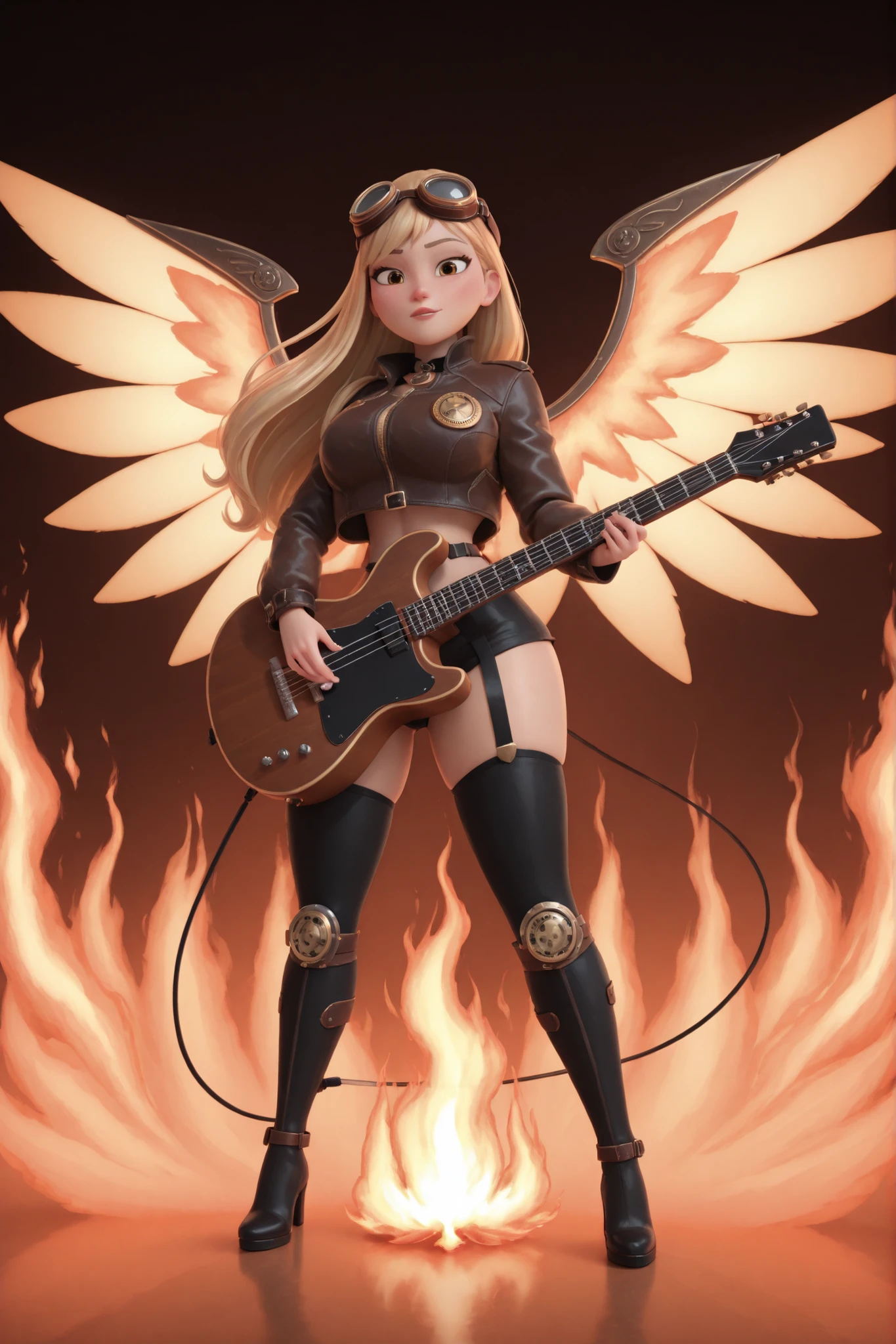 (european woman)(steampunk)(blonde long hair)(goggles)(lether jacket)(steel pauldors)(playing electro guitar)(iron wings,1.5)(flames)(burning background)