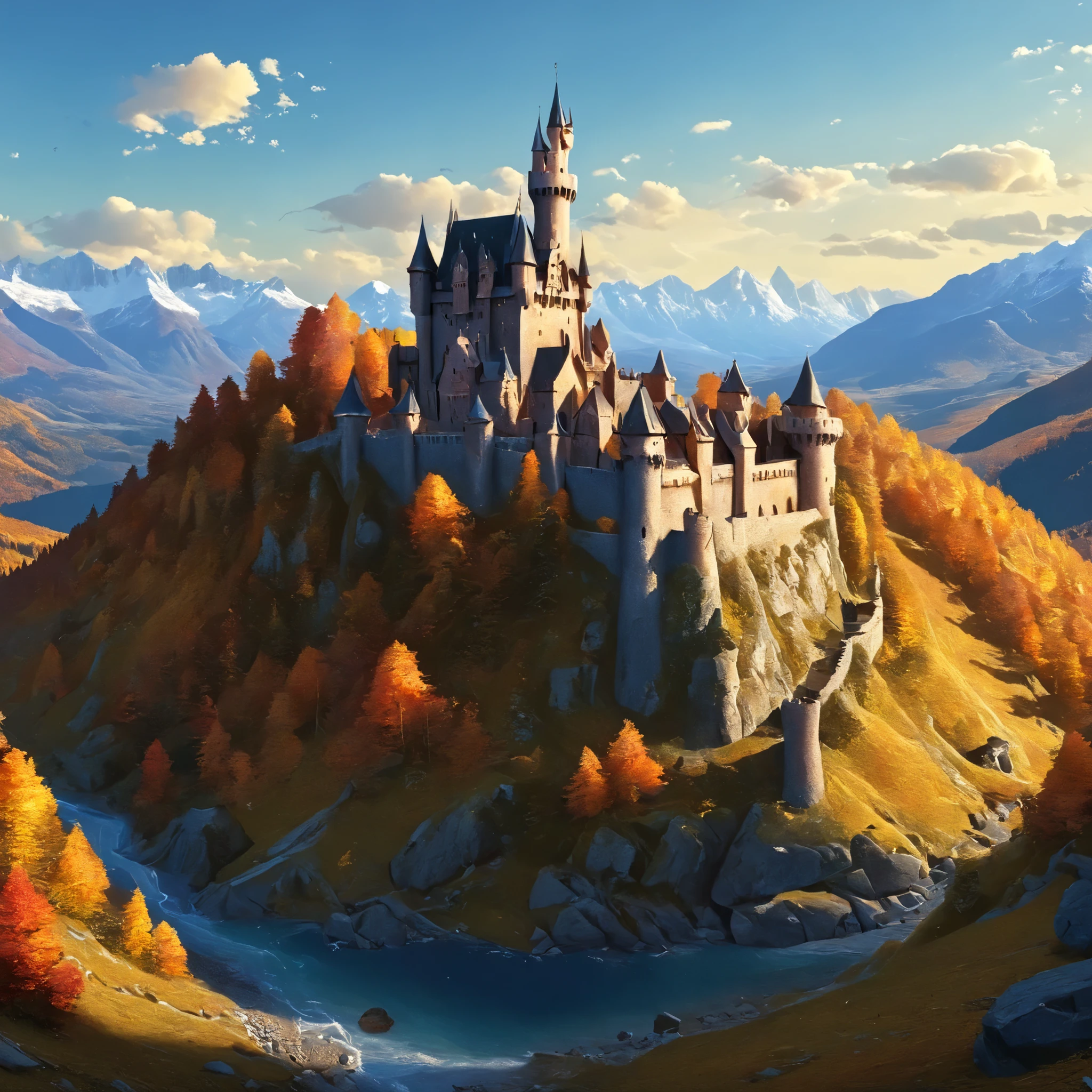 closed-up of lone castle, high resolution castle, fantasy, digital painting style, realistic shadows, iray, massive autumn forests, detailed mountains, (cold autumn evening:1), twilight, 8k, 16k, highly Detailed, clear sky, fogless, masterpiece, Panorama, wide shot, outdoor, highres, absurdres, png, lossless, details, highly detailed, refined, complex, clear, clarity, lively, empty sky,