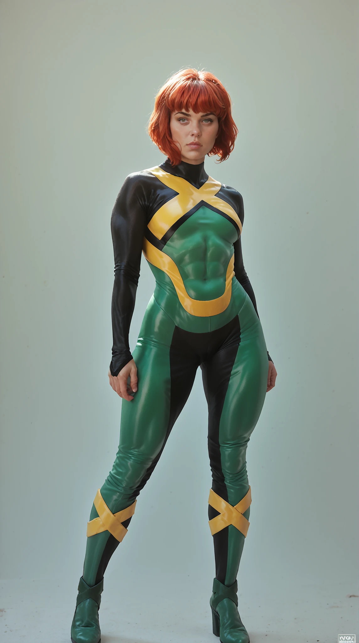 score_9, score_8_up, score_7_up, score_6_up, masterpiece, best quality, zPDXL3, zPDXLxxx, solo, jeangreymarvelnow, short hair, red hair, bodysuit, green eyes, green bodysuit, large butt, butt exposed, flat abs, big plumpy butt
