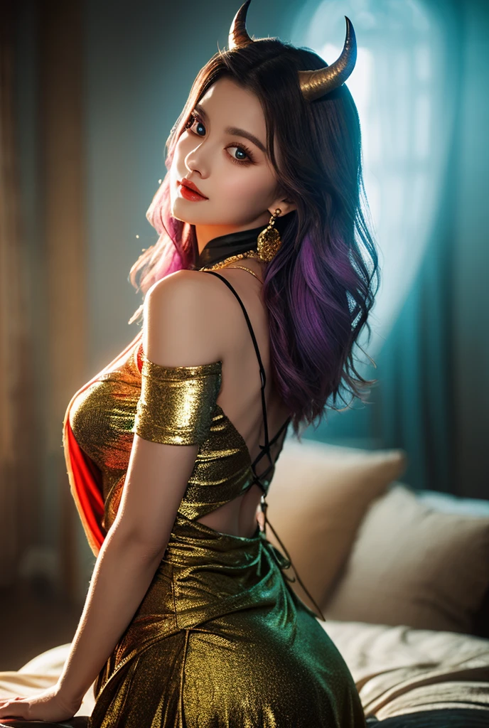 (1 girl 1.3) (extremely detailed 1.3) (anatomically correct, High precision, realistic skin) (RAW photo, nikon, 8k, Super detailed, advanced details, intricate details,), (Lighting: Face lighting, Ray tracing, reflective light, Structurally correct) ((Background: back room of a nightclub 1.3)) ((divine aura, goddess of fertility, sex, and eroticism) (Subject: beautiful half-asian, mixed asian-european, bronze skin, woman with hair in black curls and coils) (wearing: glamorous detailed embroidered goth ta rave, corset, teal and black, golden ancient jewellery on arms and neck wrists and fingers, wearing elegant gold and black high heel boot new rocks), ((lying down on her stomach, lying on her front, showing her ass 1.5)) ((beautiful big eyes looking up at the viewer, black shiny lipstick, perfect asian goth cyber makeup))