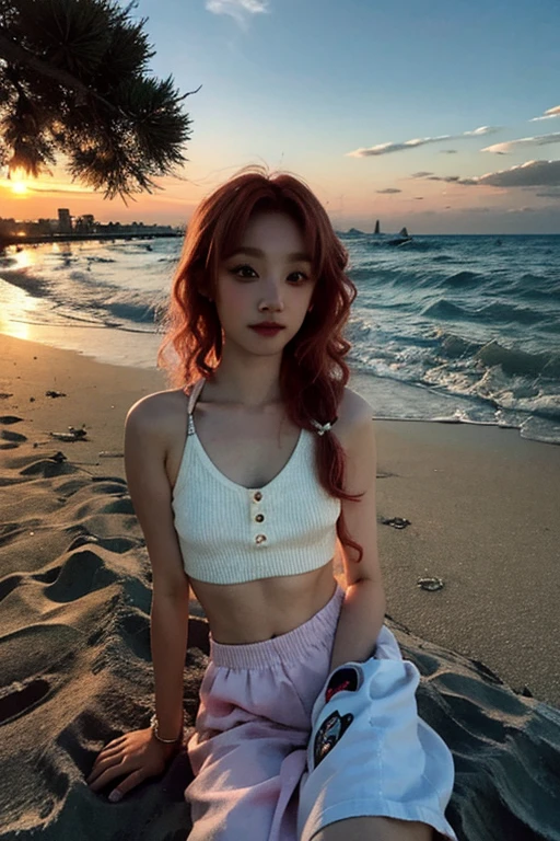 阿拉菲德女人站at the beach上,The background is sunset, 24 year old female model, at the beach, Amaranth, at the beach, 站at the beach上, better known as Amaranth, red hair girl, Wearing a cute top, On the beach, On the beach at sunset, beach at sunset, Wearing a sexy crop top