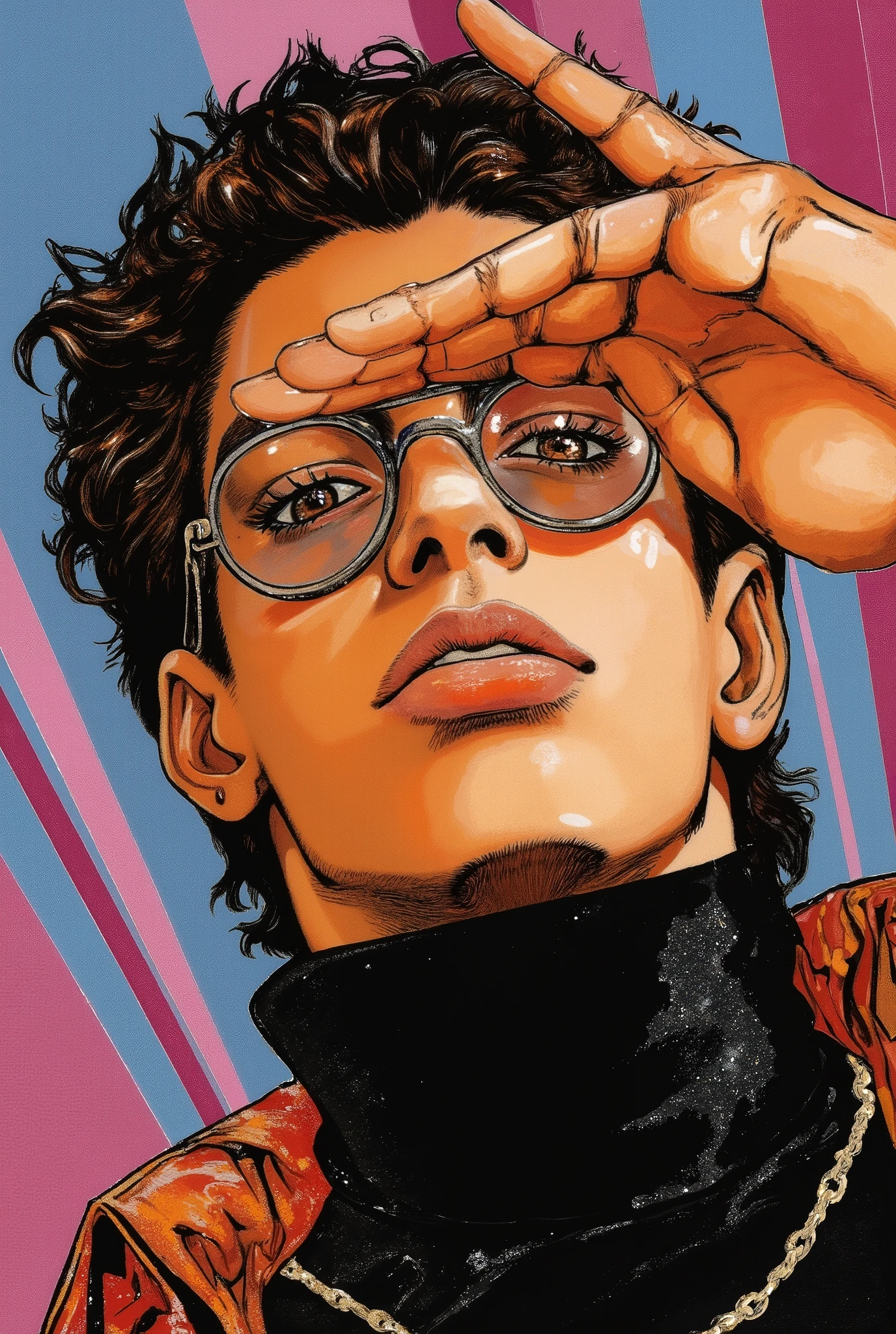 male model in round glasses doing the JoJo pose , Cover your face with one hand , Both eyes can see , Full body JoJo pose , male model wearing High Fashion , Cool face , perfect hands , thick eyebrows , wearing a black turtleneck , silver chain around the neck , high contrast graphic design art , debonair , Stylish Background , cool random colors , modern illustration , By Hirohiko Araki , Traditional Art