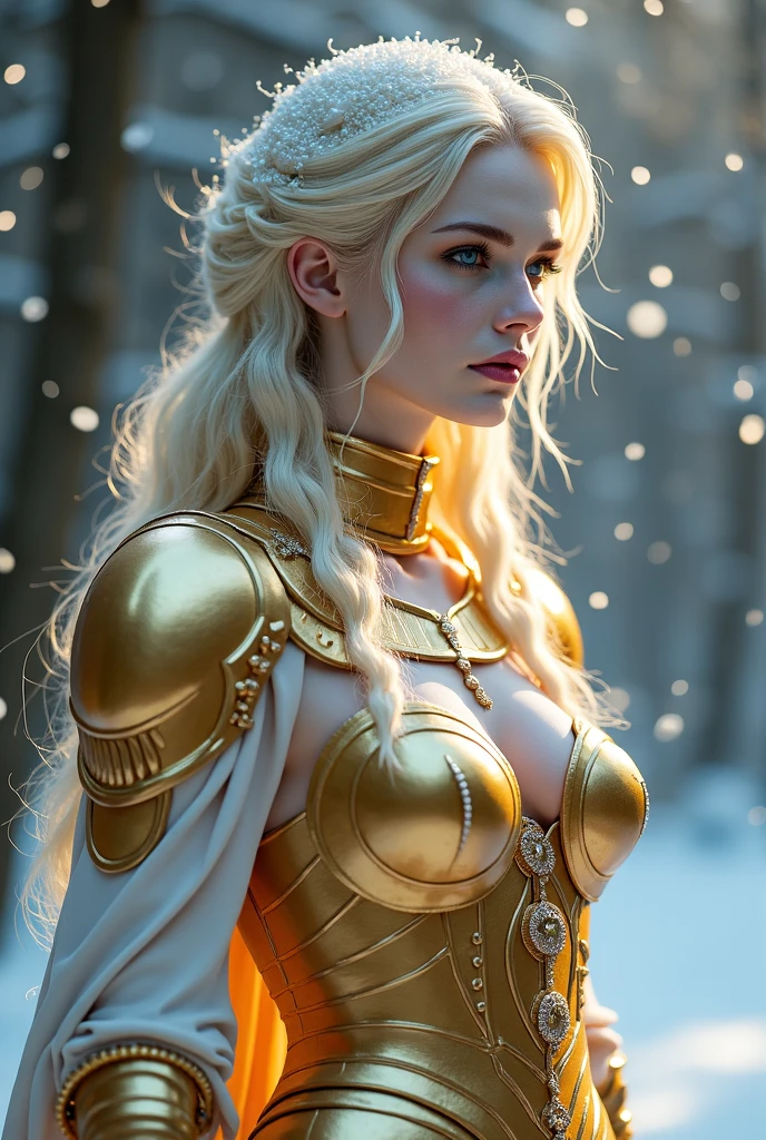 BOMBSHELL BLONDE VALKYRIE, BEAUTIFUL PALE WOMAN, VERY PALE SKIN, LIGHT GRAY EYES, HIGH CHEEKBONES, ROSY CHEEKS, MENTAL FORAMEN, HUGE LONG BLONDE HAIR, DOUBLE BRAIDED HAIR, GOLD THONG LEOTARD ARMOUR, SILVER LONG SLEEVES UNDERARMOUR LEOTARD, SILVER DETAILS, HUGE GOLD BRACELETS, ATHLETIC CURVY BODY, EXPOSED THIGHS, GORGEOUS THIGHS, DETAILED QUADRICEPS, MUSCLES, SIDE BODY VIEW, FULL BODY PERSPECTIVE, CAVE, SUN, BACKLIGHTS, ACCURATE IMAGE, EPIC IMAGE, MASTERPIECE.