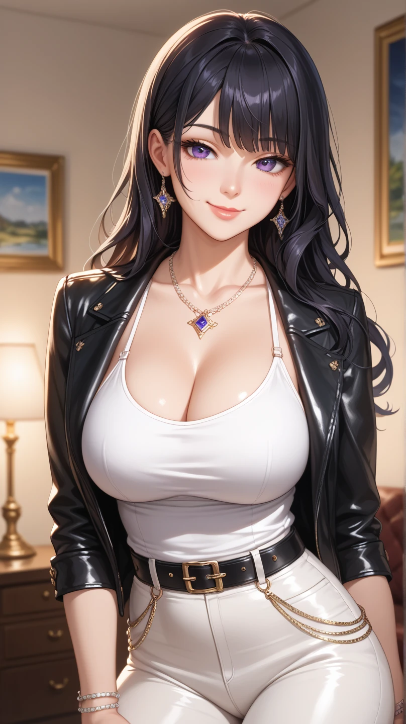 woman((30 years old)), hair((black, wavy)), blue eyes,cute eyes、Crowsex Maradores, long sleeve), accessories ((necklace, earrings)), huge breasts, Classic bedroom, pirate ship, smile,(saggy breasts)