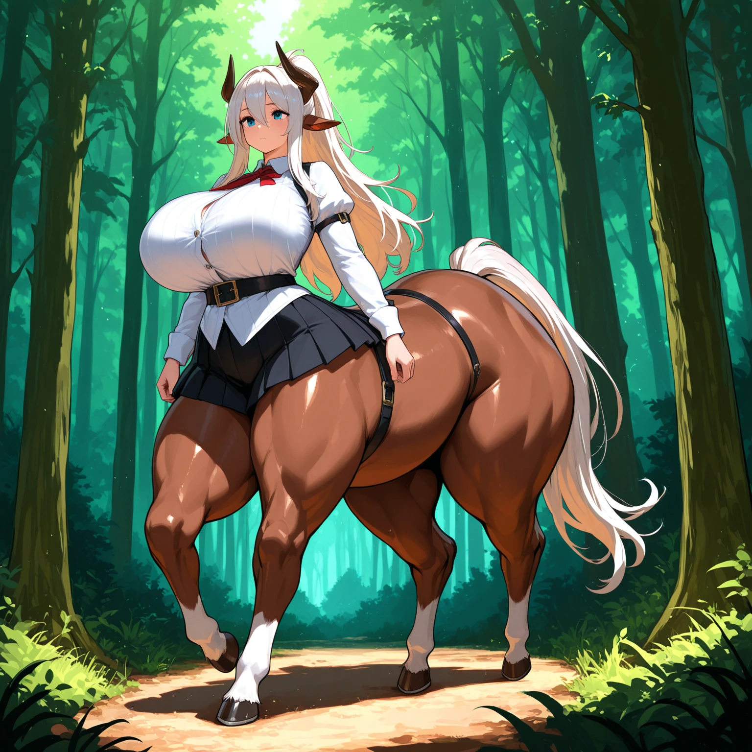 Young centaur. fantasy setting. long hair. Long women's haircuts. Round and soft face. Her chin is round and soft. Round and soft cheeks. Curved lips. Long and wide nose. Dark brown eyes. long neck. big breasts. Centaur under the body. brown fur. Looks good and friendly. sexy