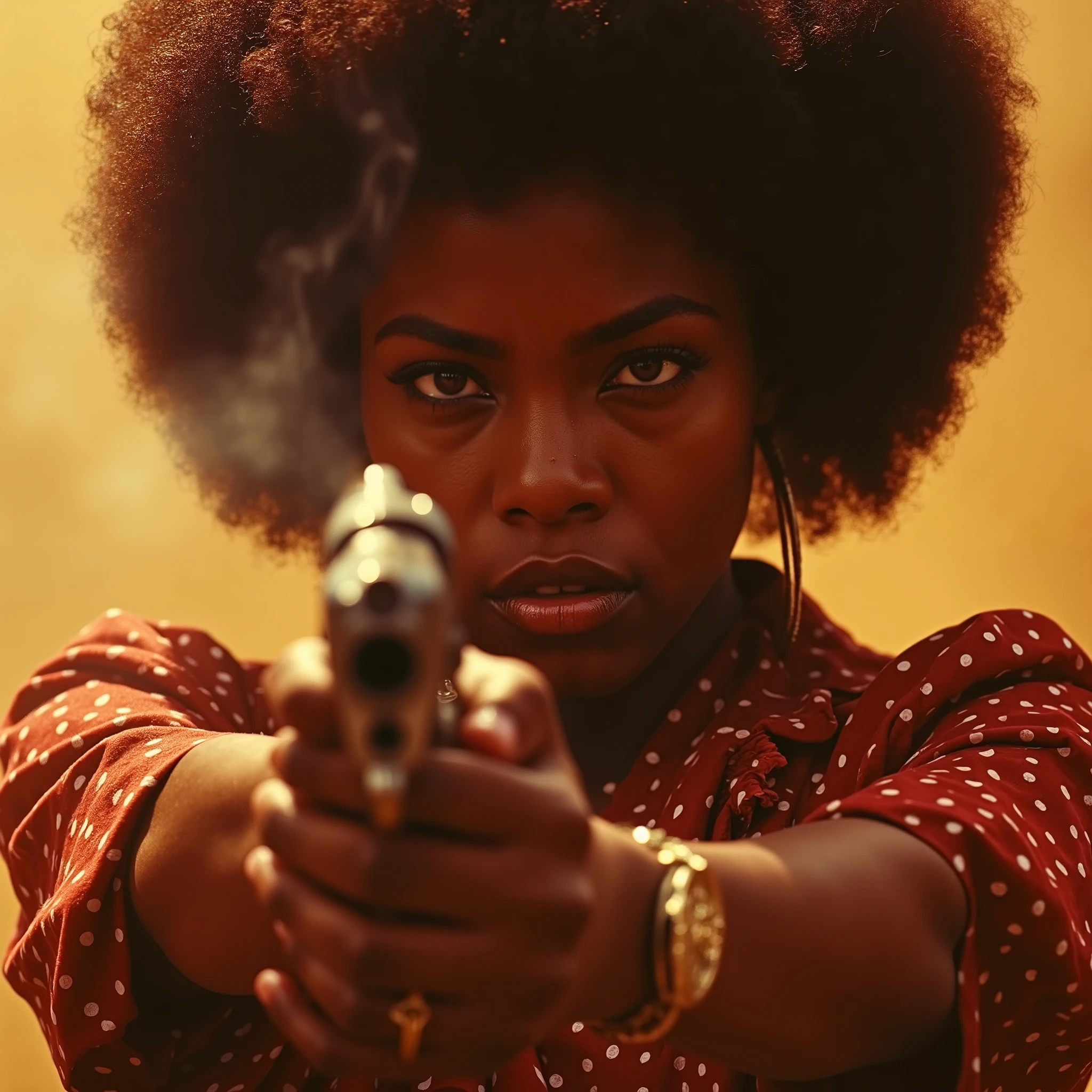 An ultra-realistic, cinematic close-up portrait of a fierce woman from the 1970s Blaxploitation era. Her intense, commanding eyes glare directly into the camera, full of raw power and unshakable confidence. In the foreground, slightly out of focus, she draws a gleaming silver revolver with swift, determined motion. Her deep crimson polka-dot blouse and natural, voluminous afro frame her face dramatically, catching the sharp, golden backlighting. Shafts of warm light slice through thick cigarette smoke and dust, creating a gritty, textured atmosphere. The shallow depth of field intensifies the moment, focusing entirely on her fierce expression and the energy of the draw. The color palette is rich and saturated, dominated by warm oranges, deep reds, and muted shadows, evoking the raw tension and retro glamor of 1970s urban action films. Every detail—from the glint of the revolver to the glistening sweat on her brow—heightens the sense of danger, rebellion, and unstoppable charisma.
