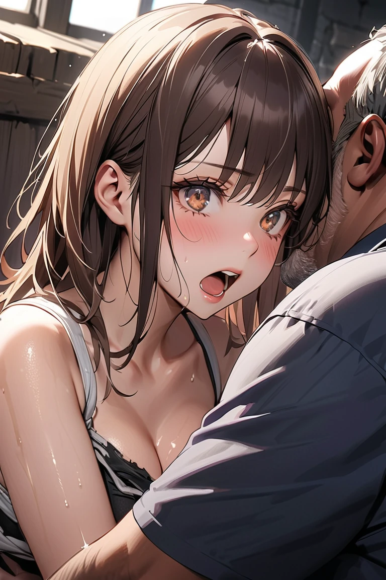 1girl in, Bangs, Blurry background, blush, Brown eyes, Brown hair, (Accurate Hand Modeling),Cowboy Shot,Holding,Long hair, Looking at Viewer, Open mouth, Smile, Intense sex between a man and a woman,Extremely detailed, Convoluted, masutepiece, absurderes,Hands behind the head,Open your crotch,Turn your face away,Reluctant face,Scream,enjoy intense sex,convulsions,urinate,soaked body,bathe in white foam,Mangli return,Touching the,Grab your chest,oral sex,,Sedentary sex,