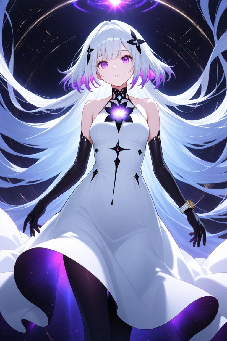 Guy, soft womanish facial features, smile, squinted siren dark blue eyes without glare, silver and dark purple long loose hair with straight bang, fantasy black clothes with blue and purple elements, long black gloves, model, gorgeous, elegant, lots of silver jewelry, flowers in his hair, skinny body, hourglass figure, light lipstick, pants