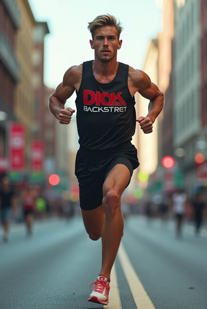 A handsome man, his face red with embarrassment, is made to run through the city in just his white briefs.