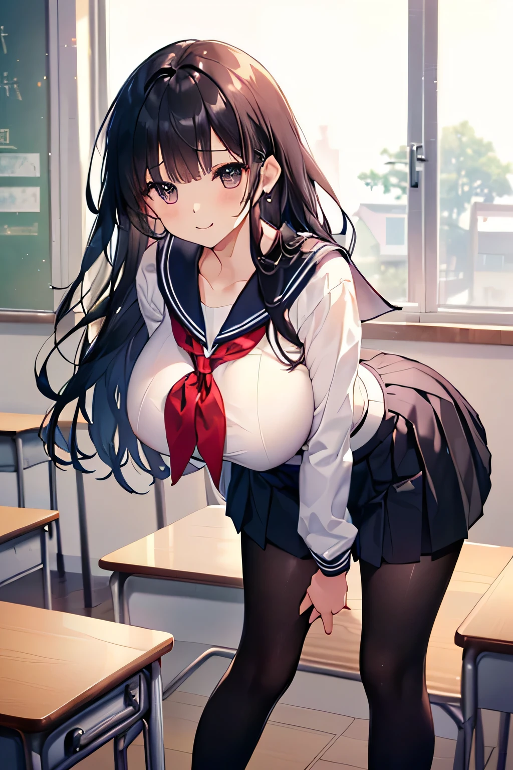 (4K), (best quality), (Best detail), school girl, black red sailor uniform , sexy body, big breasts, big hips, curvy body, shiny skin, mini pleated skirt, stockings, cleavage, blushing, long black hair, red eyes, high heels, (full body), classroom, 