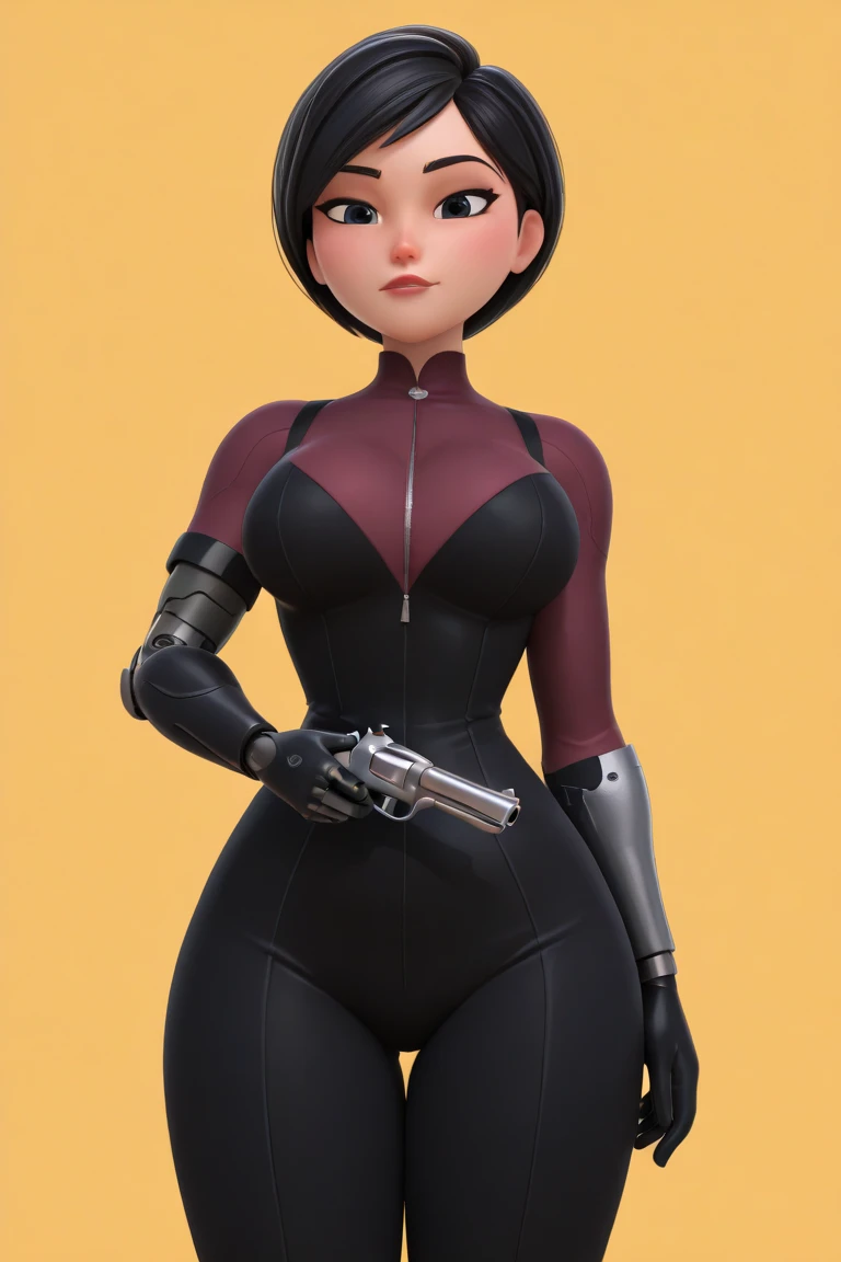 Bo Wei Style, score_9, score_8_up, score_7_up, very detailed, highly detailed texture, smooth, smooth colour, block colour, flat color, LadyB, 1girl, full body, slim body, slim thighs, bodysuit, detail eyes, solo, looking at viewer, ninja mask, large breasts, simple background, brown hair, green eyes, weapon, bodysuit, holding two hand, ninja background, sheath, skin tight, LadyB bodysuit, ladybninja close-up, 8k detailed,